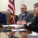 Rep. Tammie Wilson, R-North Pole, right, Rep. Dave Talerico, R-Healy, center, and Rep. Chuck Kopp, R-Anchorage, speak at a House Republican Caucus press conference at the Capitol on Monday, Jan. 21, 2019. (Michael Penn | Juneau Empire)