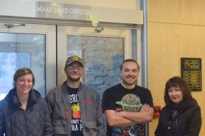 Ariane Jasmine, Brett Knighten, Skyler Diehl and Diane Taylor pose inside the residence hall at Kenai Peninsula Colleges Kenai River Campus on Tuesday. (Photo by Brian Mazurek/Peninsula Clarion)
