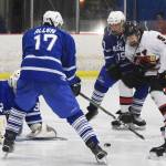 Kenais Zach Burnett (5) eyes the puck in a opportunistic situation Friday night against Palmer at the Kenai Multipurpose Facility. (Photo by Joey Klecka/Peninsula Clarion)