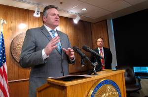 Alaska Gov. Mike Dunleavy speaks at a news conference in Juneau, Alaska, Wednesday, Jan. 16, 2019. (AP Photo/Becky Bohrer)
