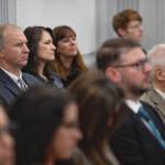 Brian Holst, president of the Juneau School Districts Board of Education, left, Kristin Bartlett, JSD Chief of Staff, center, and Bridget Weiss, JSD Superintendent, watch from the gallery as the Senate Finance Committee listens to a supplemental budget offered by Gov. Mike Dunleavys Office of Management and Budget Director Donna Arduin at the Capitol on Tuesday, Jan. 29, 2019. (Michael Penn | Juneau Empire)