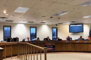 The Kenai Peninsula Borough School District Board of Education meet for a work session on Monday in Soldotna. (Photo by Victoria Petersen/Peninsula Clarion)