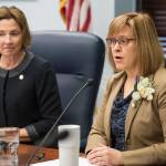 Sen. Mia Costello, R-Anchorage, right, and Senate President Cathy Giessel, R-Anchorage, speak during a Senate Majority press conference on the opening day of the 31st Session of the Alaska Legislature on Tuesday, Jan. 15, 2019. (Michael Penn | Juneau Empire)
