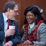 Rep. George Rauscher, R-Sutton, left, speaks with Sharon Jackson on the opening day of the 31st Session of the Alaska Legislature on Tuesday, Jan. 15, 2019. Jackson is Gov. Michael J. Dunleavys pick to replace Nancy Dahlstroms House District 13 seat for Chugiak. That position was left vacant in December after Dunleavy appointed Dahlstrom to be Department of Corrections commissioner. (Michael Penn | Juneau Empire)