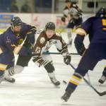Kenai River Brown Bears forward Sebastian Frantz tries to work the puck between Max Osborne and Jayden Jensen of the Springfield (Illinois) Jr. Blues on Friday, Nov. 18, 2019, at the Soldotna Regional Sports Complex. (Photo by Jeff Helminiak/Peninsula Clarion)