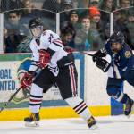 Juneau-Douglas Chance Turinsky, left, drives past Homers Isaiah Nevak at Treadwell Arena on Friday, Jan. 18, 2019. JDHS won 4-3 in overtime. (Michael Penn | Juneau Empire)