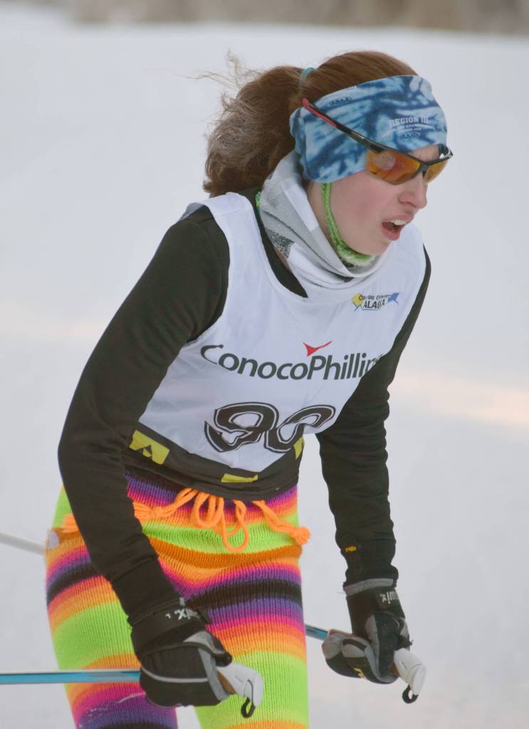 Kenai Centrals Mickinzie Ticknor competes at Besh Cup 3 at Tsalteshi Trails on Sunday, Jan. 20, 2019. (Photo by Jeff Helminiak/Peninsula Clarion)