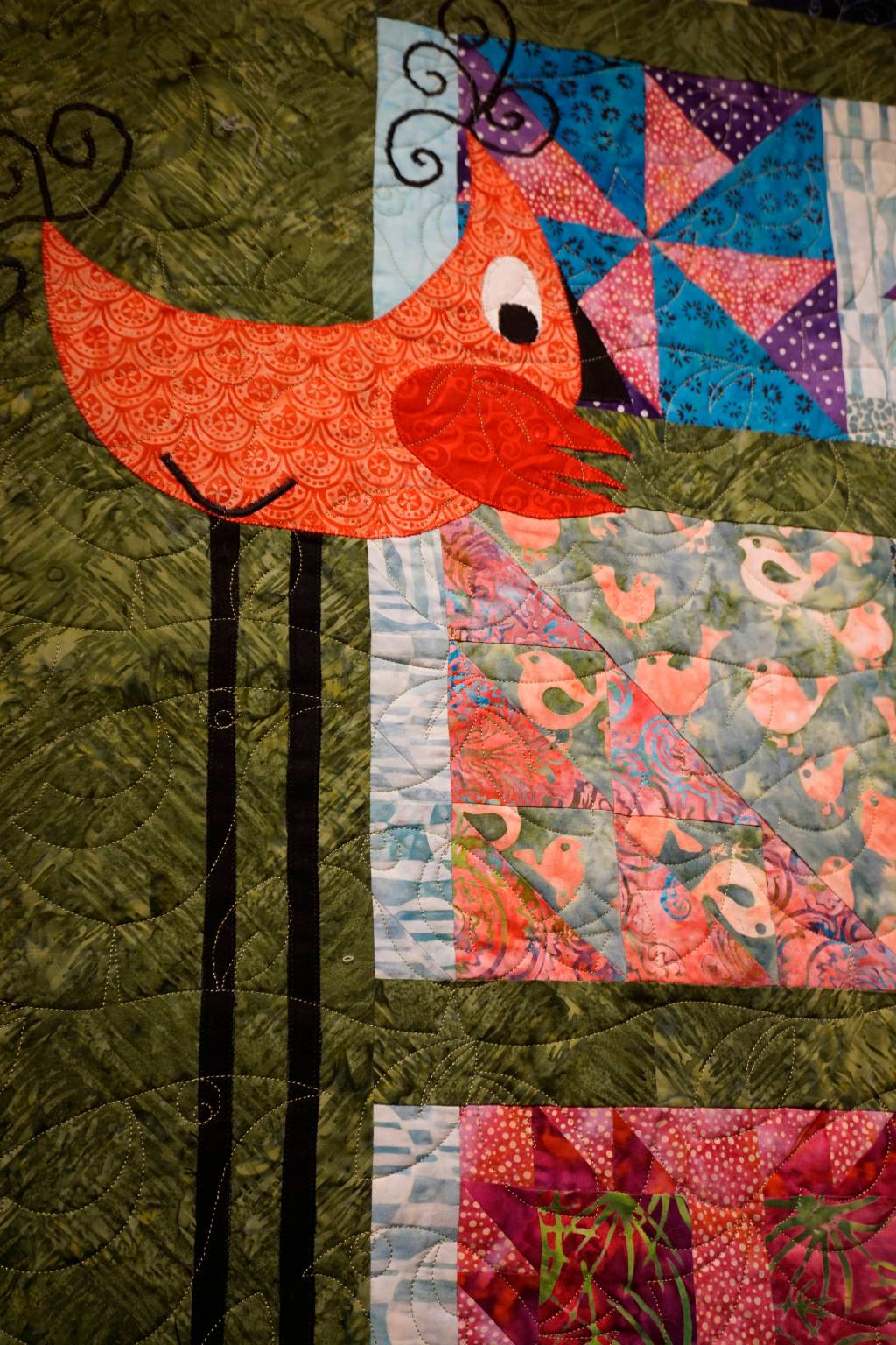 A panel by Patrice Krant from Janet Bachers Birds in Flight quilt, one of the works in the 9 Women / 9 Quilts show that opened last Friday, Feb. 1, 2019, at the Homer Council on the Arts, in Homer, Alaska. (Photo by Michael Armstrong/Homer News)