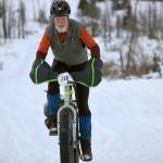 Doug Armstrong finishes off a section of Fat Freddies Bike Race and Ramble on Saturday, Feb. 9, 2019, in the Caribou Hills near Freddies Roadhouse. (Photo by Jeff Helminiak/Peninsula Clarion)