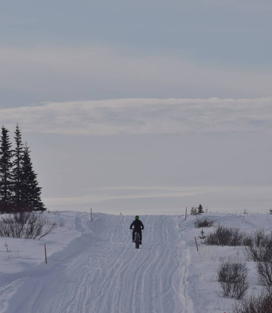 Sean Dunham rides during Fat Freddies Bike Race and Ramble on Saturday, Feb. 9, 2019, in the Caribou Hills near Freddies Roadhouse. (Photo by Jeff Helminiak/Peninsula Clarion)
