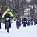 John Iannaconne leads a pack of riders early in Fat Freddies Bike Race and Ramble on Saturday, Feb. 9, 2019, in the Caribou Hills near Freddies Roadhouse. (Photo by Jeff Helminiak/Peninsula Clarion)