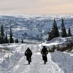 Martha Story and David Story cruise down a hill in the Fat Freddies Bike Race and Ramble on Saturday, Feb. 9, 2019, in the Caribou Hills near Freddies Roadhouse. (Photo by Jeff Helminiak/Peninsula Clarion)