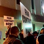 Teachers, support staff and other district employees rally outside of the Betty J. Glick Borough Assembly Chambers during the Kenai Peninsula Borough School District Education Board meeting in Soldotna, Alaska on Monday, Feb. 11, 2019. (Photo by Victoria Petersen/Peninsula Clarion)