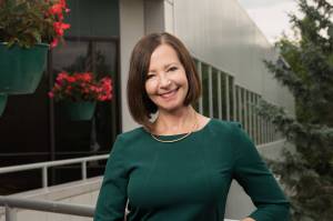 Cathy Sandeen, UAAs new Chancellor, photographed outside the Administration and Humanities Building.