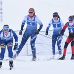 Homers Katia Holmes (left) leads the group of first-leg skiers Saturday afternoon at the Kenai Peninsula Borough nordic ski meet at the Tsalteshi Trails in Soldotna. (Photo by Joey Klecka/Peninsula Clarion)