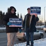 Protestors stand outside the town hall hosted by Rep. Gary Knopp, R- Soldotna at the Kenai River Suites in Soldotna on Feb. 15, 2019. (Photo by Brian Mazurek/Peninsula Clarion)