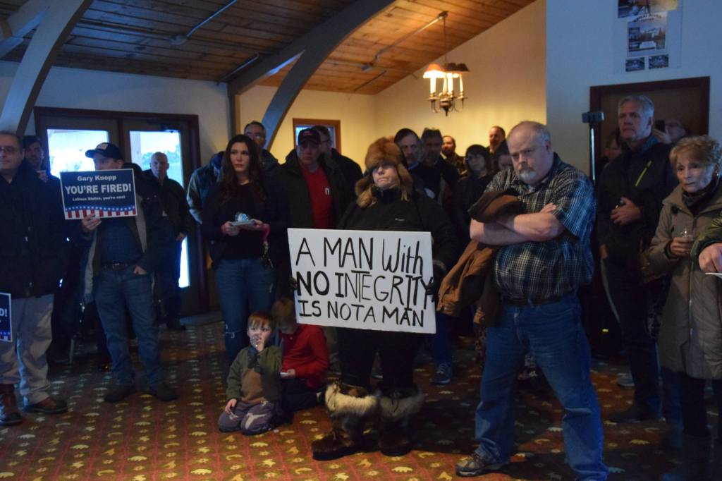 Constituents listen to Rep. Gary Knopp, R- Soldotna during his town hall at the Kenai River Suites in Soldotna on Feb. 15, 2019. (Photo by Brian Mazurek/Peninsula Clarion)