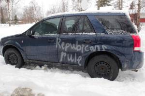 Deirdre Covals vandalized car sits outside her house on Feb. 18, 2019. (Photo courtesy of Deirdre Coval)