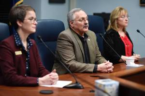 Rep. David Talerico, R-Healy, speaks during a press conference with Rep. Sarah Vance, R-Homer, left, and Rep. Colleen Sullivan-Leonard, R-Wasilla, at the Capitol on Tuesday, Jan. 29, 2019. (Michael Penn | Juneau Empire)