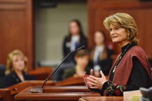 U.S. Sen. Lisa Murkowski, R-Alaska, delivers her annual speech to a Joint Session of the Alaska Legislature on Tuesday, Feb. 18, 2019. (Michael Penn | Juneau Empire)