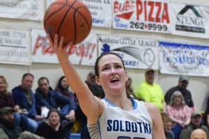 Soldotnas Danica Schmidt drives for a bucket Jan. 18, 2019, against Colony at Soldotna High School. (Photo by Joey Klecka/Peninsula Clarion)