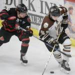 Kenai River Brown Bears forward Cody Moline works the puck past Corpus Christi (Texas) Ice Rays forward Anthony Yurkins on Friday, Feb. 8, 2019, at the Soldotna Regional Sports Complex. (Photo by Jeff Helminiak/Peninsula Clarion)