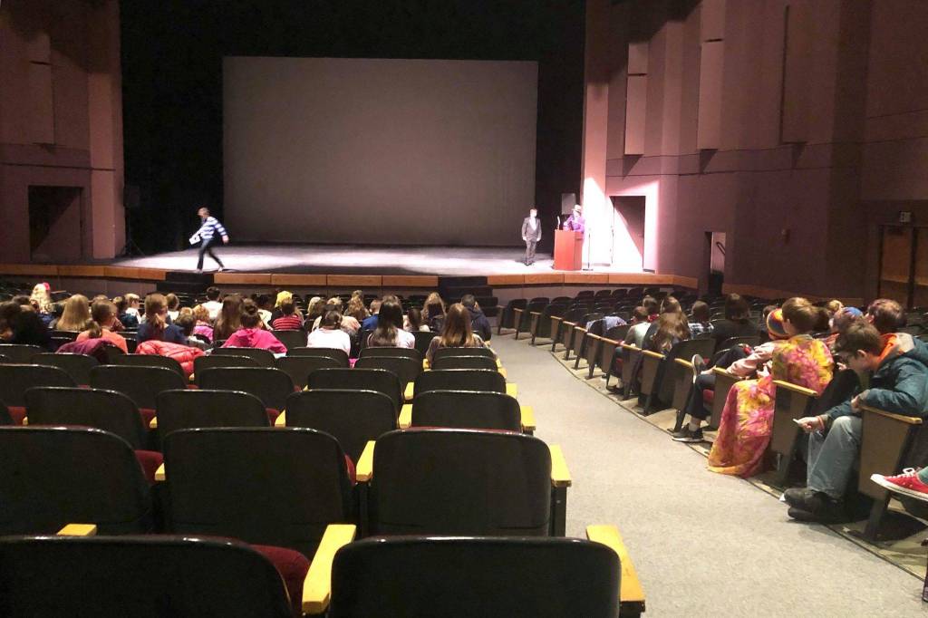 Student filmmakers were greeted by a red carpet at the Kenai Central High School auditorium for the Kenai Peninsula Borough School District 2019 film festival on Thursday, March 7, 2019, in Kenai, Alaska. (Photo by Victoria Petersen/Peninsula Clarion)