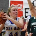Cook Inlet Academys Adara Warren (44) steps back for a shot against a Birchwood Christian defender Feb. 27, 2019, at the Peninsula Conference championship tournament at Cook Inlet Academy in Soldotna. (Photo by Joey Klecka/Peninsula Clarion)