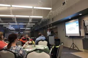 Kenai City Manager Paul Ostrander facilitates a discussion about the citys budget with residents through an interactive poll, at the Kenai Senior Center in Kenai, Alaska, on Tuesday, March 12, 2019. (Photo by Victoria Petersen