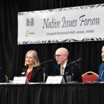 Sen. Jesse Kiehl, D-Juneau, left, Rep. Andi Story, D-Juneau, Rep. Jonathan Kreiss-Tompkins, D-Sitka, and Rep. Dan Ortiz, I-Ketchikan, right, speak at the Native Issues Forum in the Elizabeth Peratrovich Hall on Wednesday, March 13, 2019. (Michael Penn | Juneau Empire)