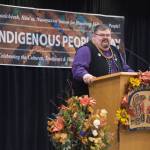 Central Council of Tlingit and Haida Indian Tribes of Alaska President Richard (Chalyee Éesh) Peterson gives a welcoming speech for Indigenous Peoples Day celebrations at the Elizabeth Peratrovich Hall on Monday, Oct. 8, 2018. (Michael Penn | Juneau Empire File)