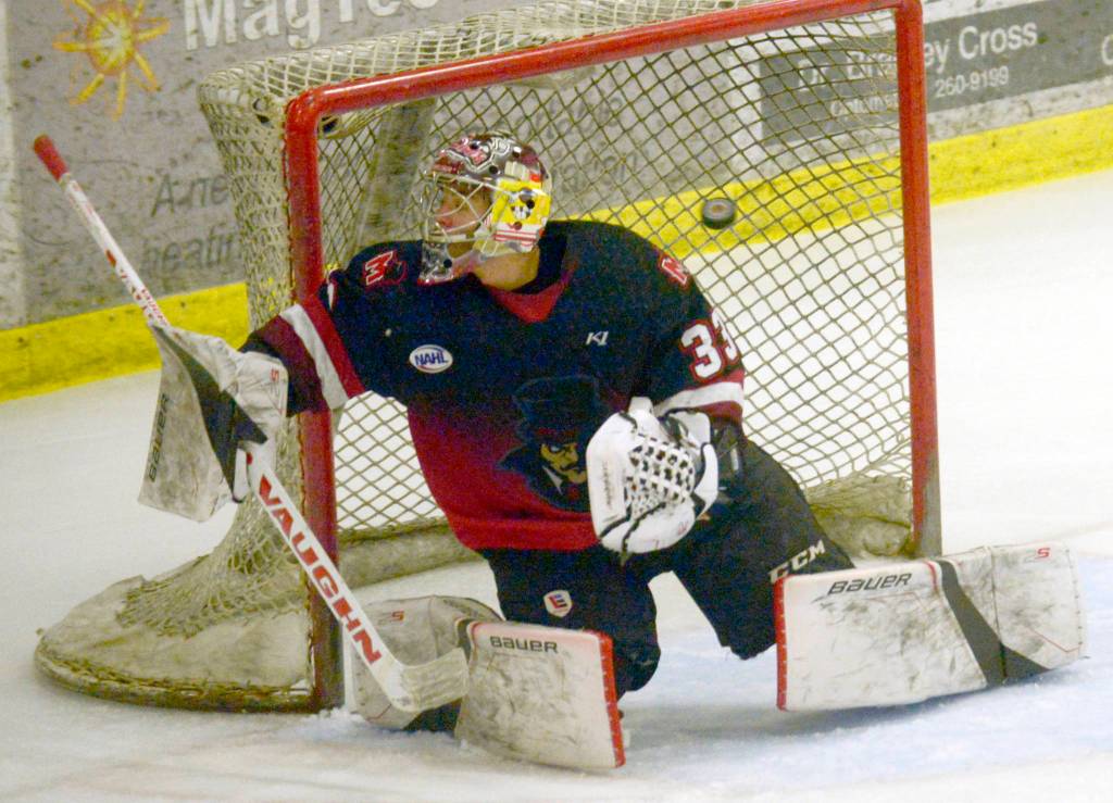 Kenai River Brown Bears forward Michael Spethmann (not pictured) beats Minnesota Magicians goalie Ethan Haider to the near post with a shot in the third period Friday, March 15, 2019, at the Soldotna Regional Sports Complex. (Photo by Jeff Helminiak/Peninsula Clarion)