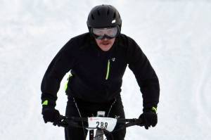 Mike Crawford barrels down a hill during Fat Freddies Bike Race and Ramble on Saturday, Feb. 9, 2019, in the Caribou Hills near Freddies Roadhouse. (Photo by Jeff Helminiak/Peninsula Clarion)                                Mike Crawford barrels down a hill during Fat Freddies Bike Race and Ramble on Saturday, Feb. 9, 2019, in the Caribou Hills near Freddies Roadhouse. (Photo by Jeff Helminiak/Peninsula Clarion)