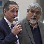 Lt. Gov. Kevin Meyer, left, speaks next to former legislator Bill Thomas during a ceremony honoring five Tlingit code talkers on Monday, March 18, 2019. (Alex McCarthy | Juneau Empire)