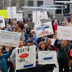 Hundreds of people attend the Alaska Public Employees Associations Save the Alaska Marine Highway System rally in front of the Capitol on Wednesday, March 20, 2019. (Michael Penn | Juneau Empire)