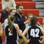 Nikiski girls head coach Rustin Hitchcock talks to his team Thursday, Dec. 13, 2018, against Kotzebue at the Craig Jung Kenai River Challenge at Kenai Central High School. (Photo by Joey Klecka/Peninsula Clarion)