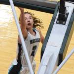 Nikiskis America Jeffreys lays in a bucket Friday, March 22, 2019, against Barrow at the Class 3A girls state tournament at the Alaska Airlines Center in Anchorage. (Photo by Joey Klecka/Peninsula Clarion)
