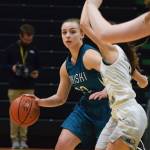 Nikiskis Bethany Carstens (left) dribbles by ACSs Mary Kate Parks Saturday, March 23, 2019, in the Class 3A girls state basketball championship at the Alaska Airlines Center in Anchorage. (Photo by Joey Klecka/Peninsula Clarion)