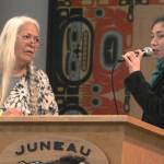 KathyHope Erickson, chair of the Sitka Tribe of Alaska Tribal Council, left, listens as Elizabeth Saagulik Hensley, attorney for Landye Bennett Blumstein LLP, gives an update on the litigation between the tribe and the State of Alaska. (Alex McCarthy | Juneau Empire)