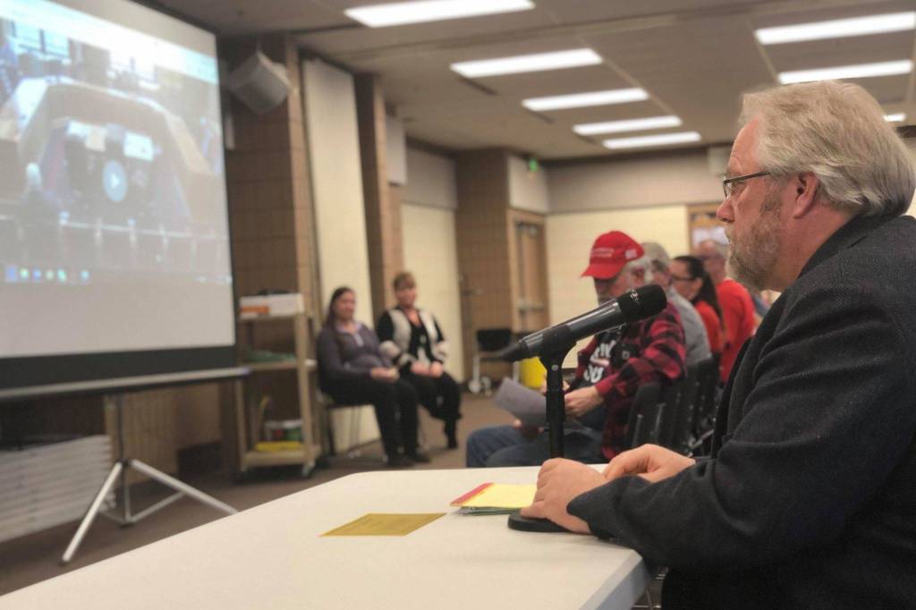 Dave Jones speaks to the House Finance Committee members in support of finding more diversified revenue sources for the state budget on Saturday, March 23, 2019, at the Soldotna Regional Sports Complex in Soldotna, Alaska. (Photo by Victoria Petersen/Peninsula Clarion)