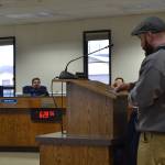 Dustin Poindexter, of Anchor Point, speaks to the Kenai Peninsula Borough School District Board of Education in support of his childrens school, Chapman School, on Thursday, March 21, 2019, in Soldotna, Alaska. (Photo by Victoria Petersen/Peninsula Clarion)