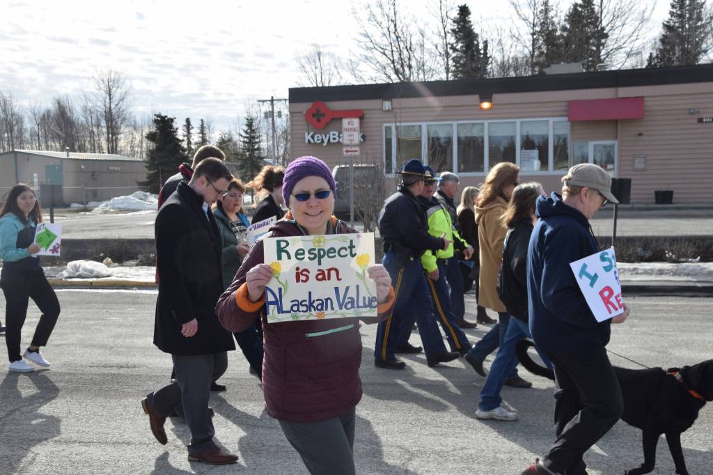 Peninsula residents participate in the annual Choose Respect March in Kenai, Alaska, on Wednesday, March 27, 2019. (Photo by Brian Mazurek/Peninsula Clarion)