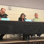 Rep. Gary Knopp (R-Kenai/Soldotna), House Speaker Bryce Edgmon (I-Dillingham) and Vice-Chair of the House Finance Committee Janice Johnston (R-Anchorage) listen to public testimony at a local House Finance Committee meeting at the Soldotna Sports Complex on Saturday, March 23, 2019, in Soldotna, Alaska. (Photo by Victoria Petersen/Peninsula Clarion)