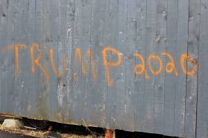 The words Trump 2020 are spray painted onto a wall at Wasabis Bistro, shown here Thursday, March 21, 2019 just outside of Homer, Alaska. (Photo by Megan Pacer/Homer News)