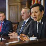 Finance Committee co-chair Rep. Neal Foster, D-Nome, right, speaks during a House Majority press conference at the Capitol on Thursday, March 28, 2019. Also shown are Speaker of the House Bryce Edgmon, I-Dillingham, center, and Rep. Chuck Kopp, R-Anchorage, Chair of the Rules Committee. (Michael Penn | Juneau Empire)