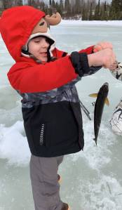 Trigger Moody catches a fish at the Kids Ice Fishing Derby on March 23, 2019, on Rogue Lake at the Decanter Inn at Mile 107 of the Sterling Highway in Alaska. The derby was held by the Kenai Peninsula Ice Racing Association. (Photo provided by Kenai Peninsula Ice Racing Association)
