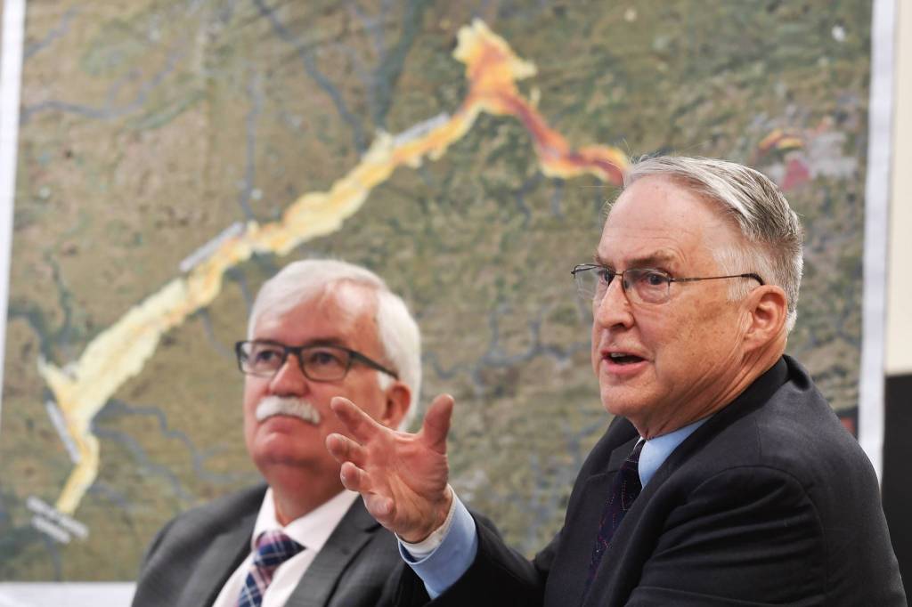 Former Alaska legislator Rick Halford, right, and Norman Van Vactor, CEO of the Bristol Bay Economic Development Corporation, present at a press conference against thePebble Mine project on Monday, April 1, 2019. (Michael Penn | Juneau Empire)