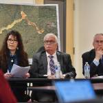 Gayla Hoseth, 2nd Chief of Curyung Tribal Council and Director of Natural Resources at Bristol Bay Native Association, left, Norman Van Vactor, CEO of the Bristol Bay Economic Development Corporation, center, and former Alaska legislator Rick Halford, present at a press conference against thePebble Mine project on Monday, April 1, 2019. (Michael Penn | Juneau Empire)