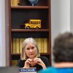 Rep. Andi Story, D-Juneau, listens to Patience Frederiksen, State Librarian and Head of Library Developement, during a House Education Committee meeting on Monday, April 1, 2019. (Michael Penn | Juneau Empire)
