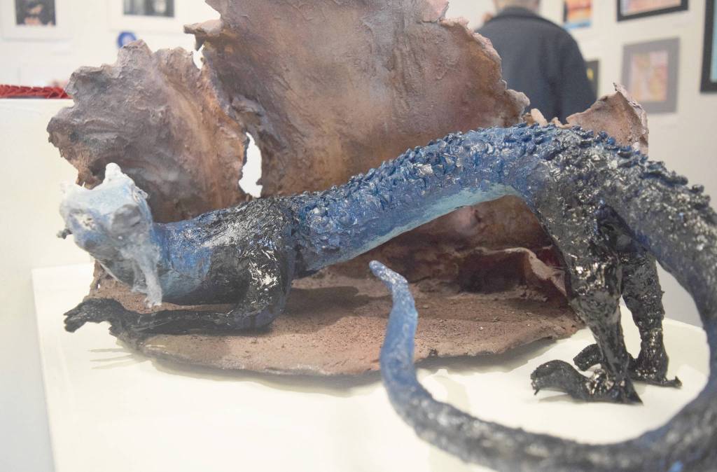 A three-dimensional sculpture created by Soldotna senior Kennedy Holland sits on display during Thursdays opening reception of the 30th anniversary Visual Feast art show. (Photo by Joey Klecka/Peninsula Clarion)